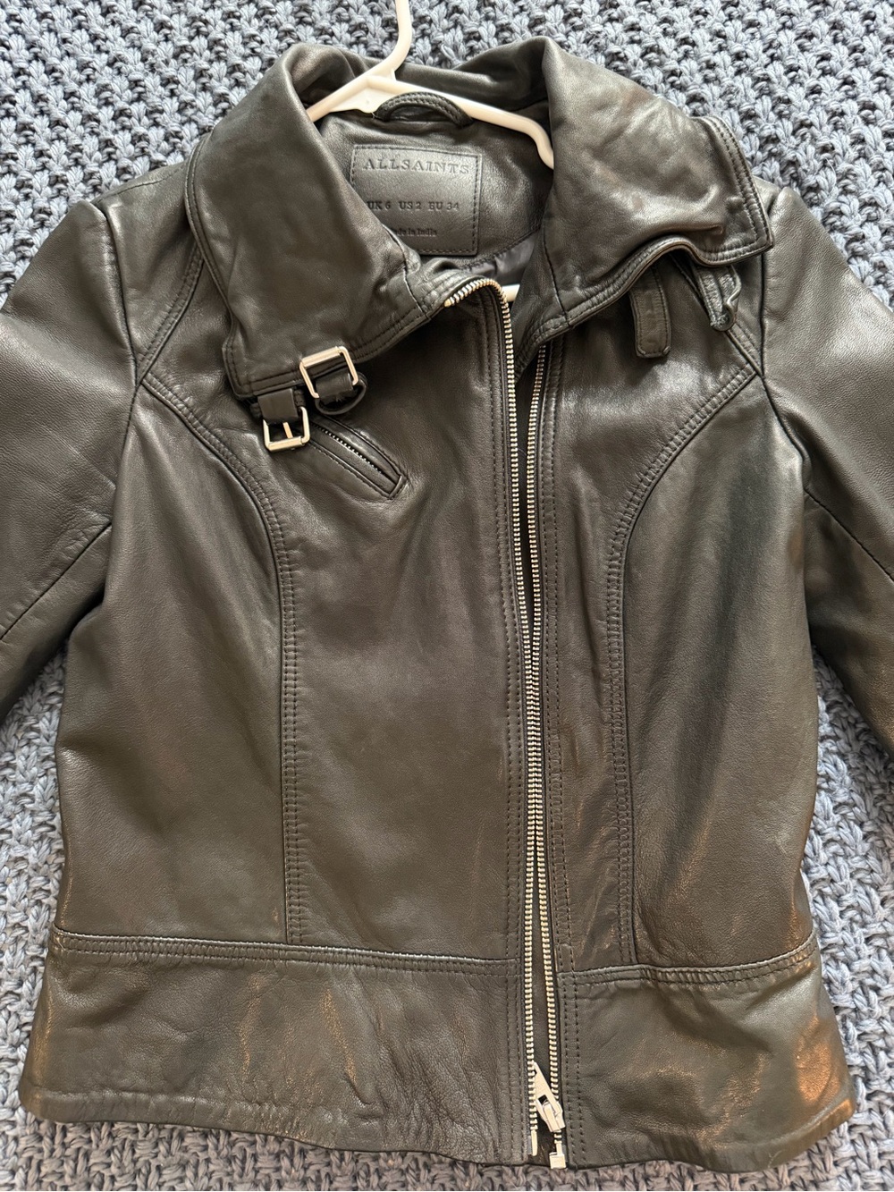 AllSaints Black Leather Moto Jacket with Buckle Collar
